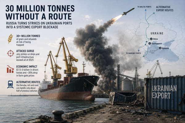 Thirty Million Tonnes Without a Route: Russia’s Port Campaign Becomes a Systematic Blockade of Ukraine’s Exports