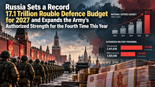 Росія закладає рекордні 17,1 трлн рублів на оборону у 2027 році та вчетверте за рік збільшує штатну чисельність армії